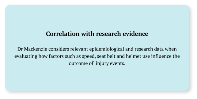 Correlation with research evidence  Dr Mackenzie considers relevant epidemiological and research data when  evaluating how factors such as speed, seat belt and helmet use influence the outcome of  injury events.